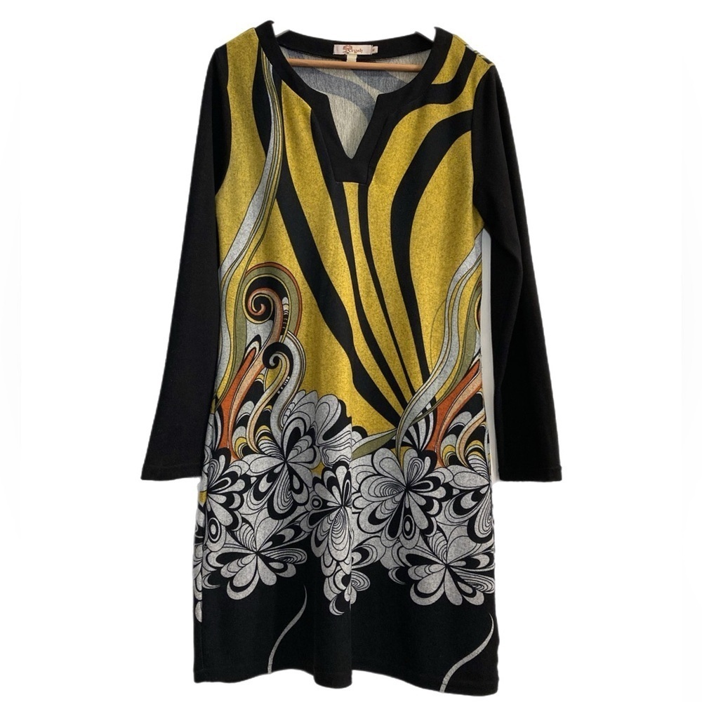 Aryeh vintage style black & yellow long sleeve tunic style funky pattern dress
